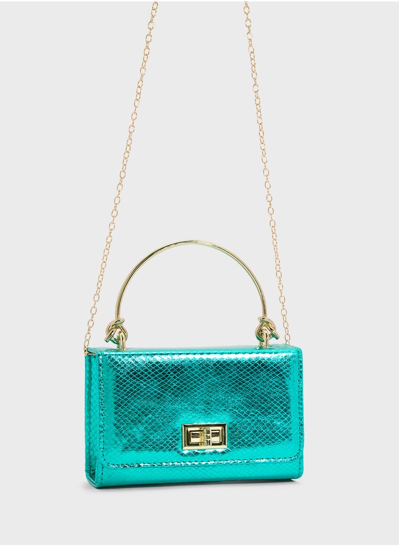 Metal Handle Snake Print Satchel Bag