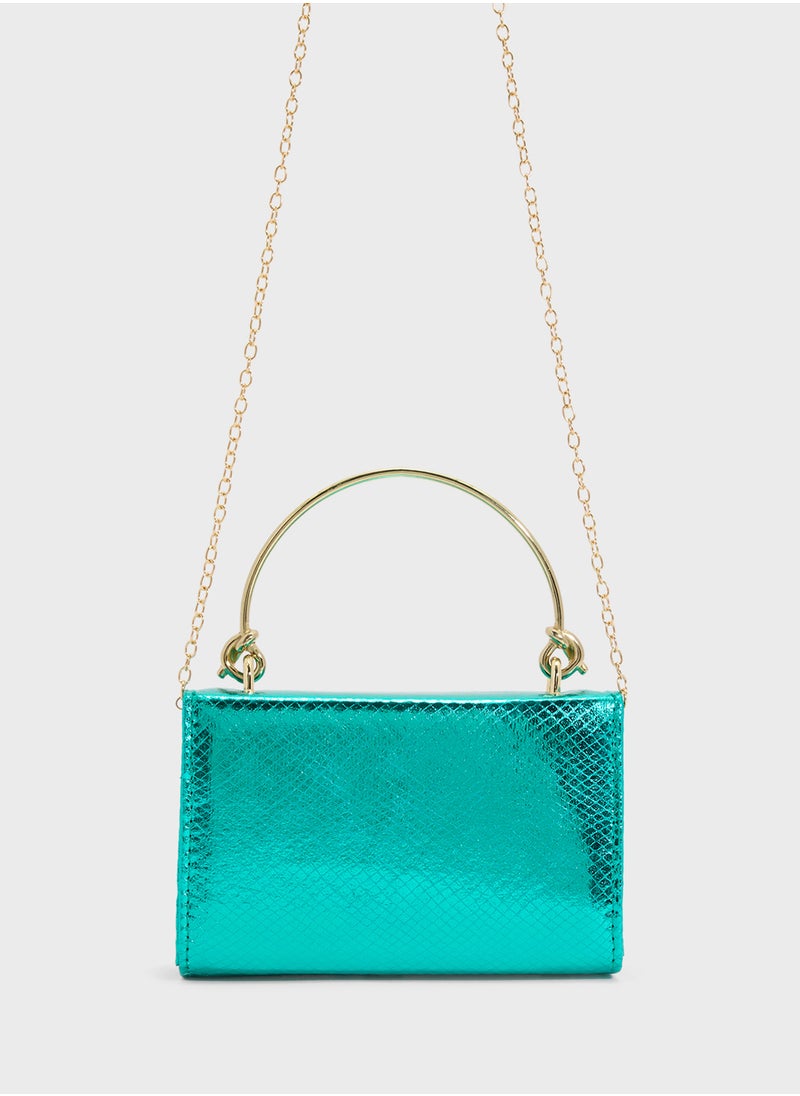 Metal Handle Snake Print Satchel Bag
