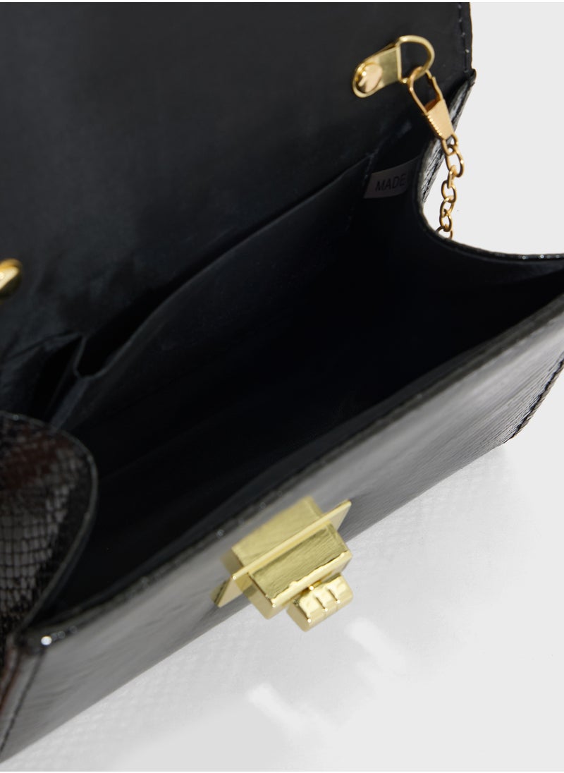 Metal Handle Snake Print Satchel Bag