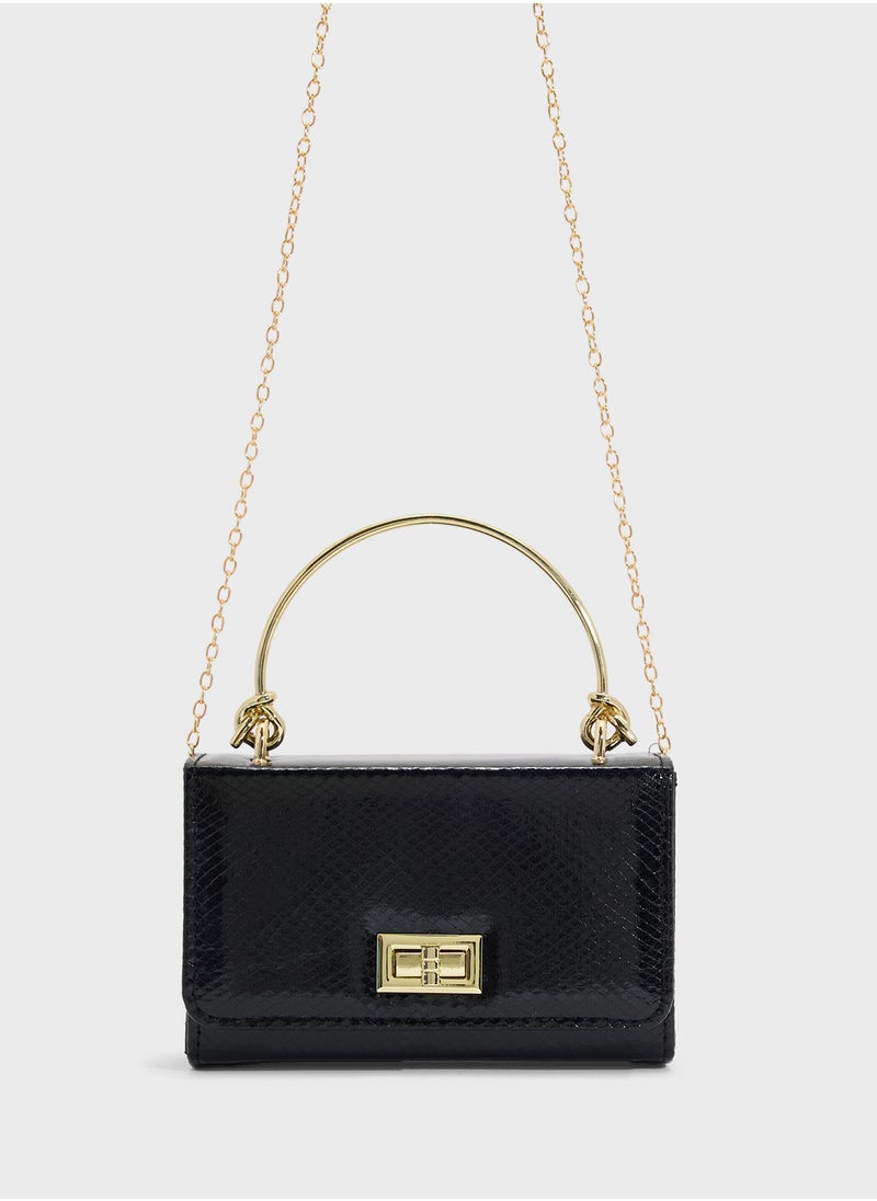 Metal Handle Snake Print Satchel Bag