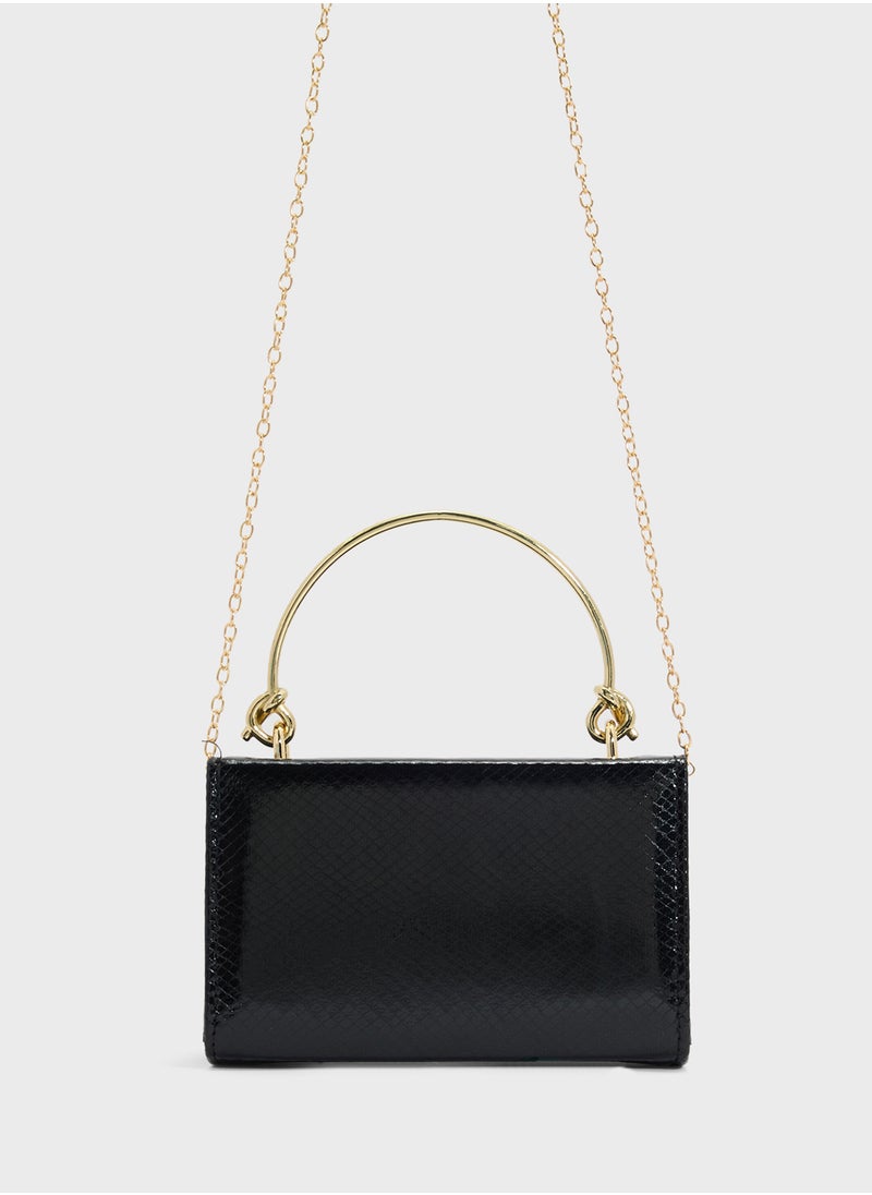 Metal Handle Snake Print Satchel Bag