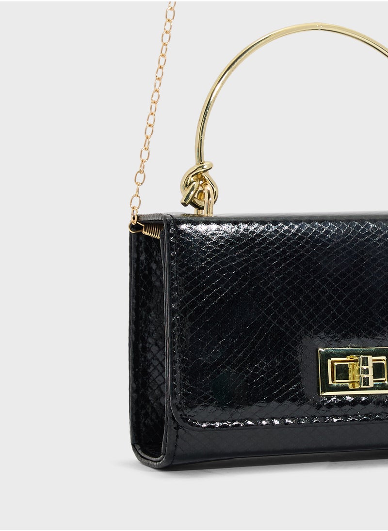Metal Handle Snake Print Satchel Bag
