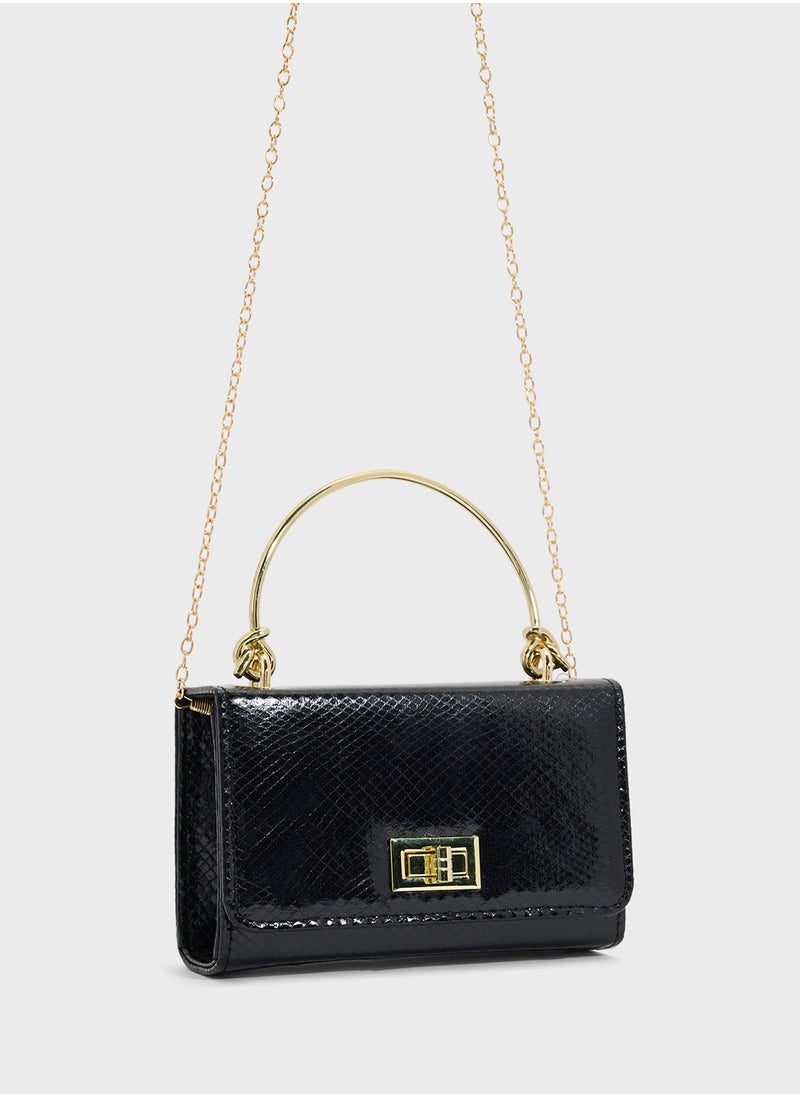 Metal Handle Snake Print Satchel Bag
