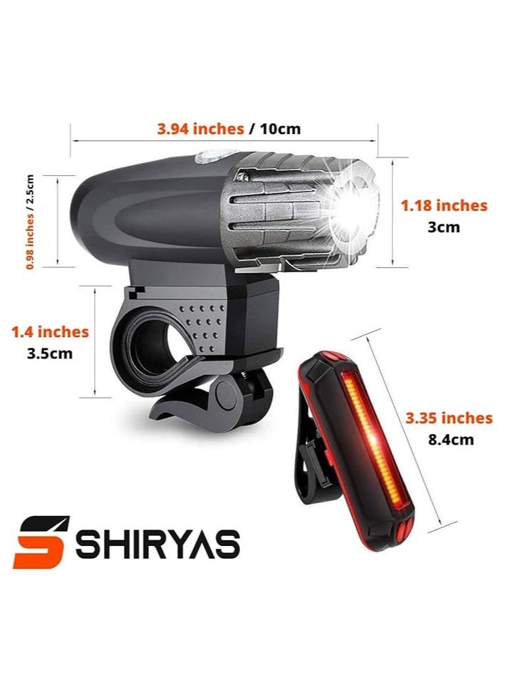 USB Rechargeable Bike Light Set, Front Headlight and Rear Taillight, 4 Light Modes, 1200mAh Battery