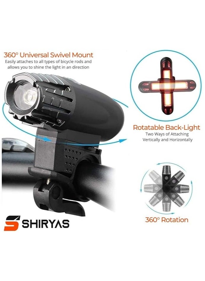 USB Rechargeable Bike Light Set, Front Headlight and Rear Taillight, 4 Light Modes, 1200mAh Battery