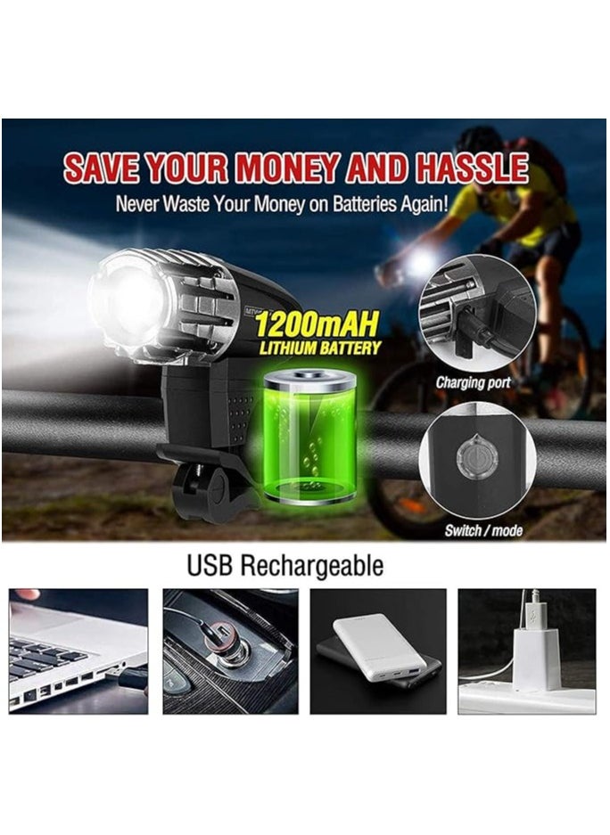 USB Rechargeable Bike Light Set, Front Headlight and Rear Taillight, 4 Light Modes, 1200mAh Battery