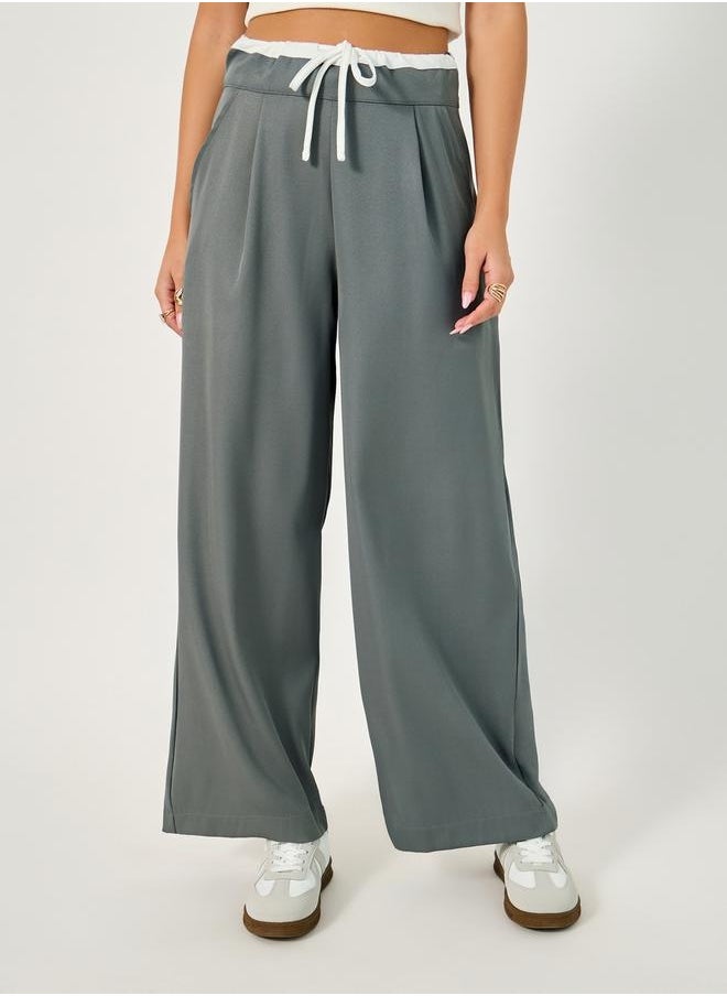 Wide Leg Pants with Contrast Drawstring Waistband