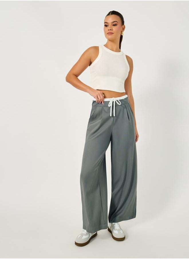 Wide Leg Pants with Contrast Drawstring Waistband