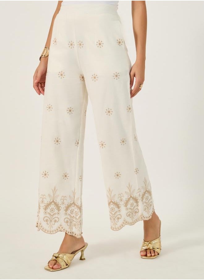 Embroidered Mid Rise Relaxed Fit Pants with Scalloped Hem