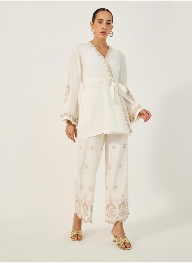 Embroidered Mid Rise Relaxed Fit Pants with Scalloped Hem