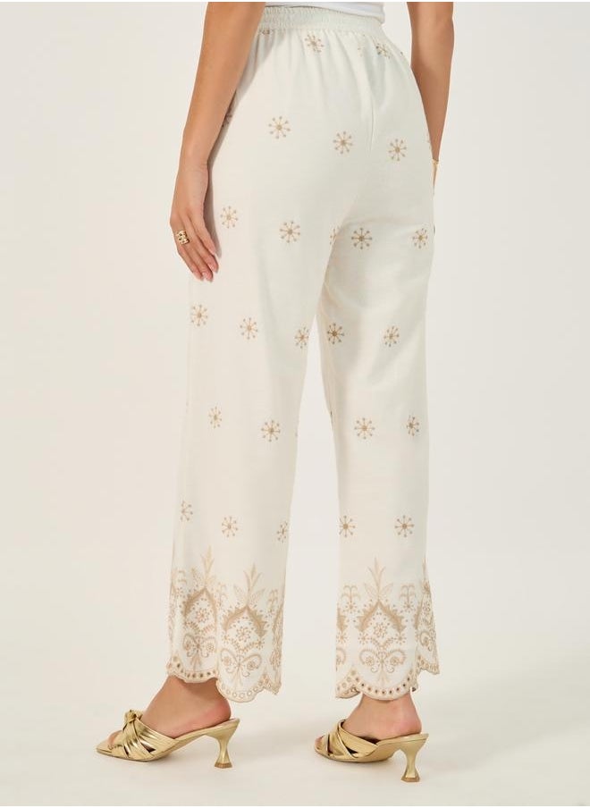 Embroidered Mid Rise Relaxed Fit Pants with Scalloped Hem