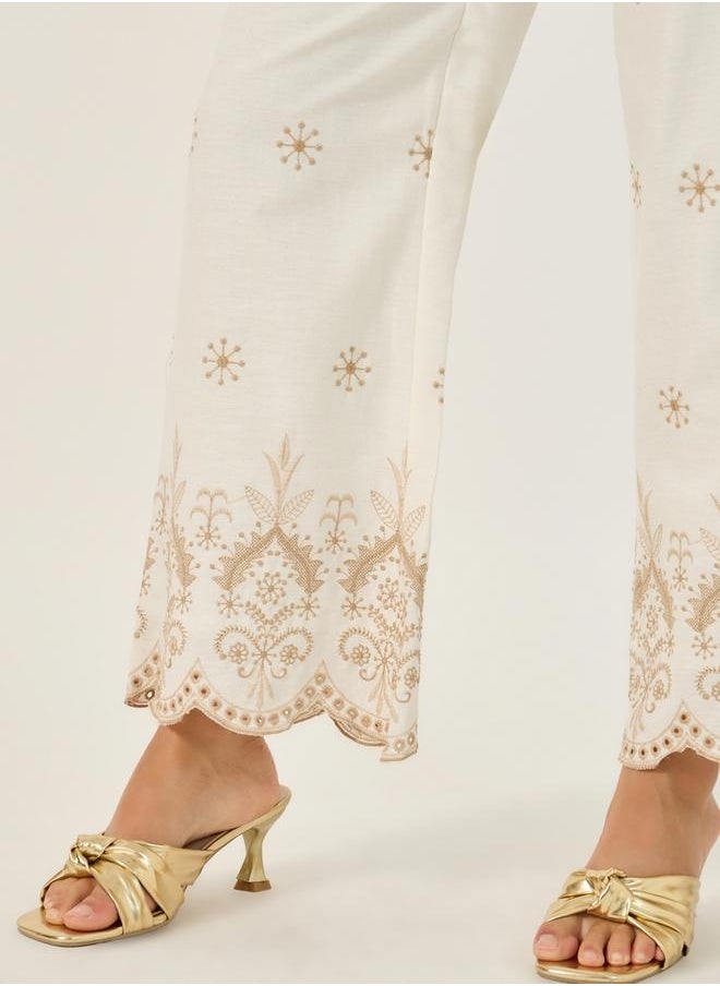 Embroidered Mid Rise Relaxed Fit Pants with Scalloped Hem