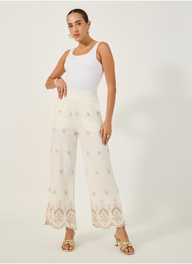 Embroidered Mid Rise Relaxed Fit Pants with Scalloped Hem