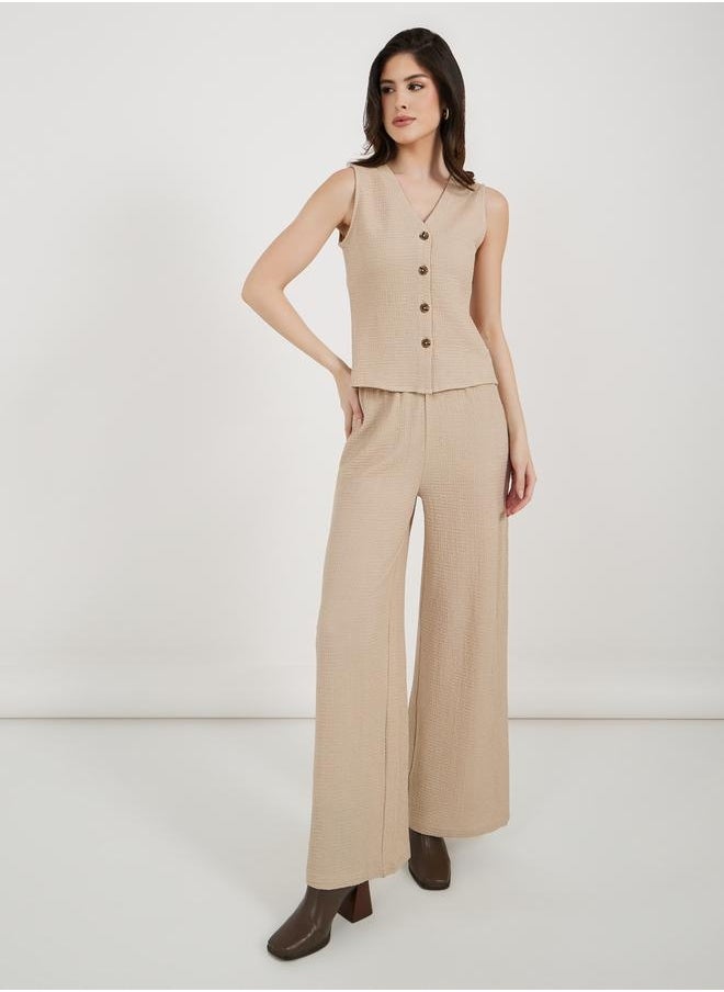 Textured Wide Leg Pants with Elastic Waistband
