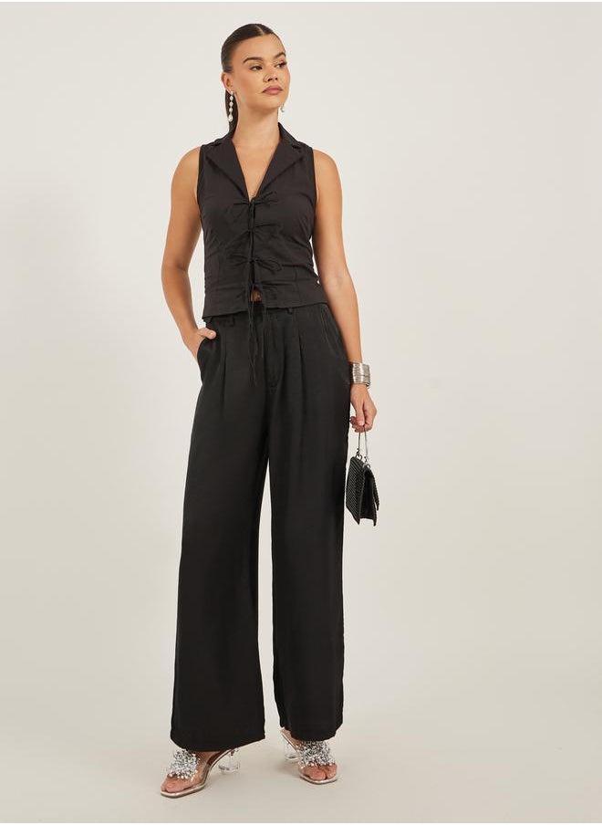 Solid Pleated Wide Leg Pants with Belt Loops