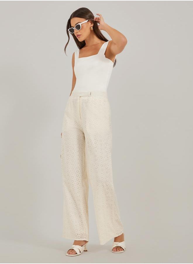 Schiffli Cotton Wide Leg Pants with Pockets