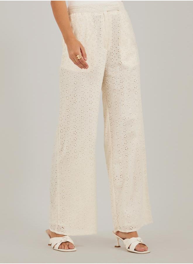 Schiffli Cotton Wide Leg Pants with Pockets