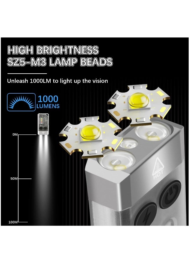Rechargeable Mini LED Keychain Flashlight, 1000LM Powerful EDC Torch with 14 Modes, UV Light, Magnetic Tail, IPX4 Waterproof - Perfect for Camping, Hiking, and Emergencies.