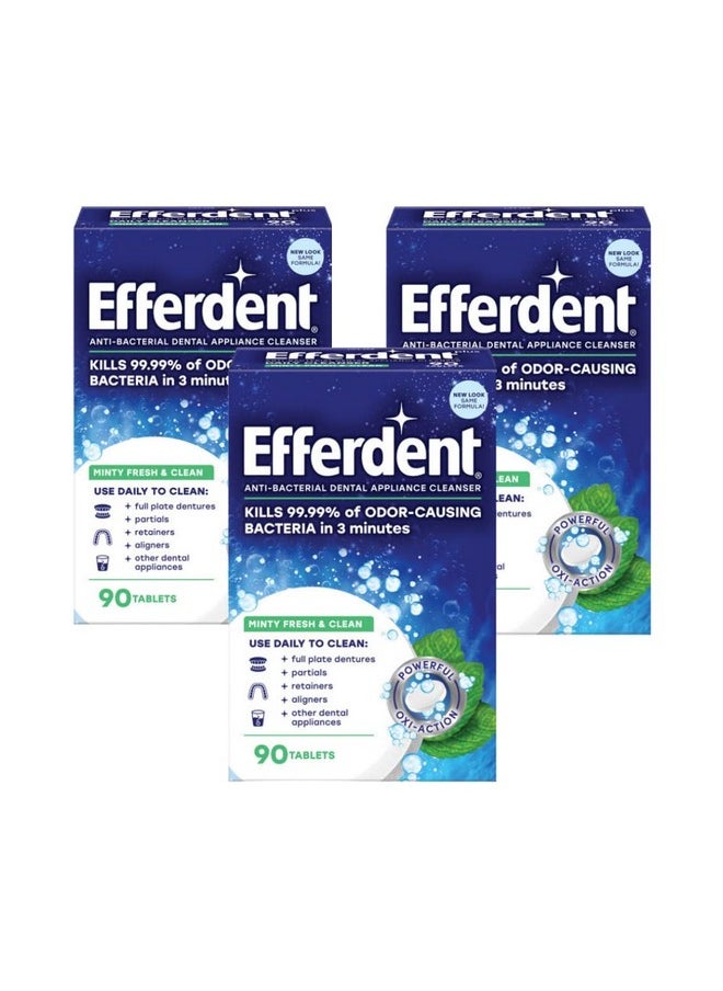 Efferdent Retainer Cleaning Tablets, Denture Cleaning Tablets for Dental Appliances, Minty Fresh & Clean, 90 Count. (Pack of 3)
