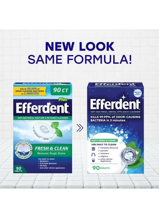 Efferdent Retainer Cleaning Tablets, Denture Cleaning Tablets for Dental Appliances, Minty Fresh & Clean, 90 Count. (Pack of 3)