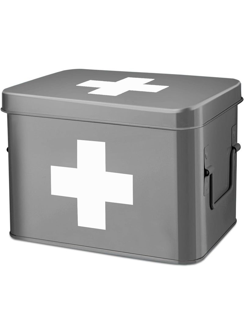 Flexzion First Aid Box Organizer, Empty 8.5 Inch Gray Vintage First Aid Kit Tin Metal Medical Box First Aid Storage Box Container Bins with Dividers, Removable Tray and Cross Logo