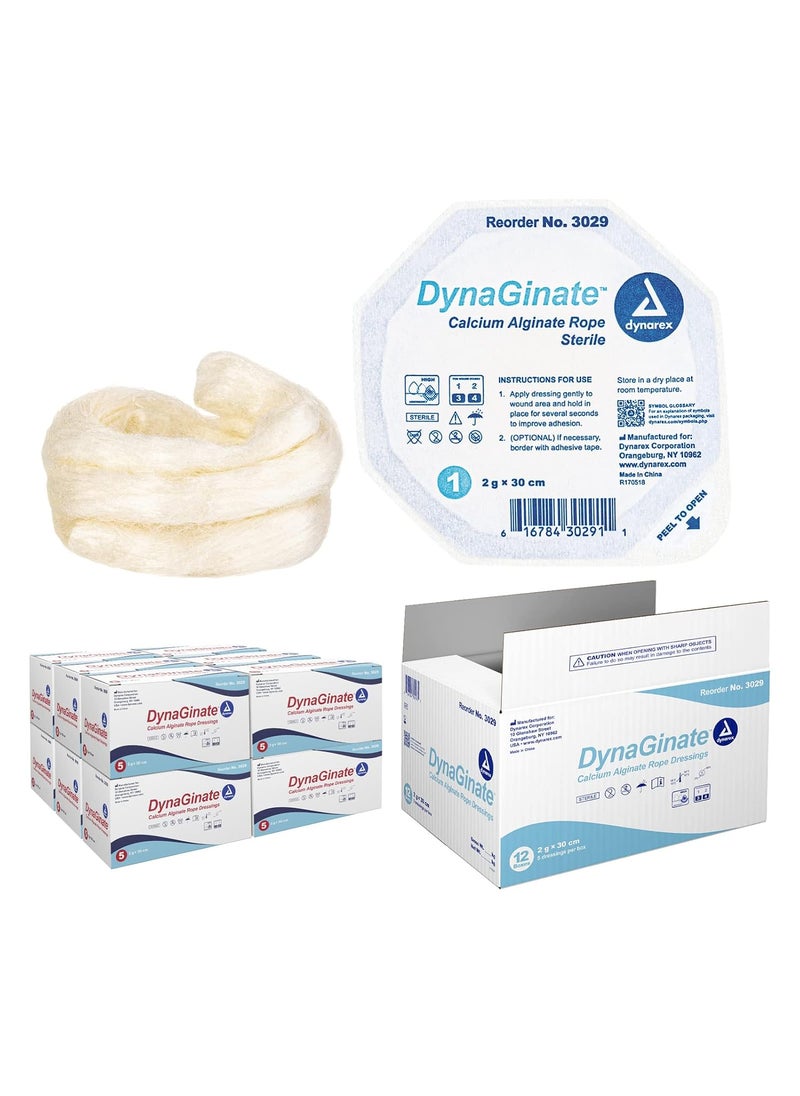 Dynarex DynaGinate Calcium Alginate Wound Dressing - Sterile, Non-Stick Topical Wound Pads - Absorbent Gel Patches for Moderate to High Exuding Cuts - 2g x 30cm, 12 Boxes of 5