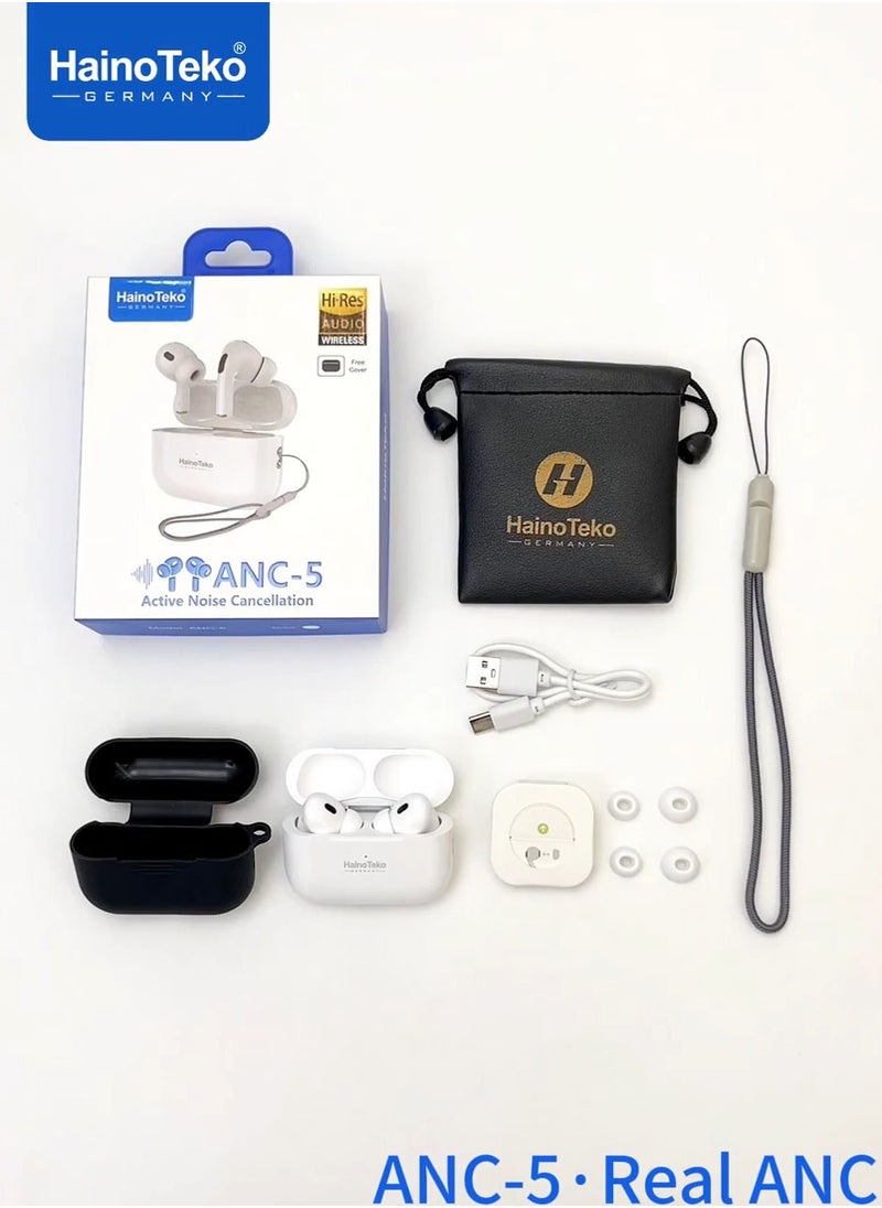 Haino Teko ANC-5 Bluetooth Earphone with Real Active Noise Cancellation High Quality Sound Smart Touch Controls and HD Clear Microphone Compatible With Android Mobiles and Tablets White