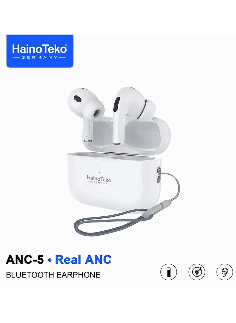 Haino Teko ANC-5 Bluetooth Earphone with Real Active Noise Cancellation High Quality Sound Smart Touch Controls and HD Clear Microphone Compatible With Android Mobiles and Tablets White