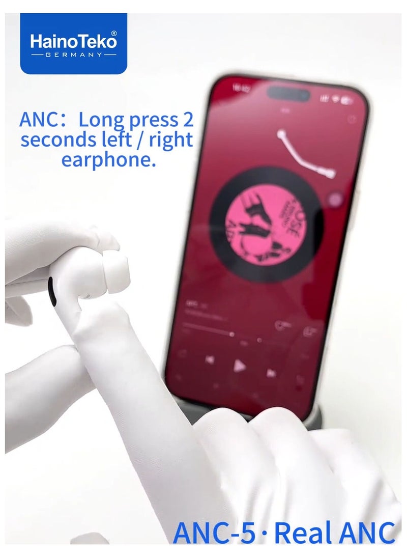 Haino Teko ANC-5 Bluetooth Earphone with Real Active Noise Cancellation High Quality Sound Smart Touch Controls and HD Clear Microphone Compatible With Android Mobiles and Tablets White