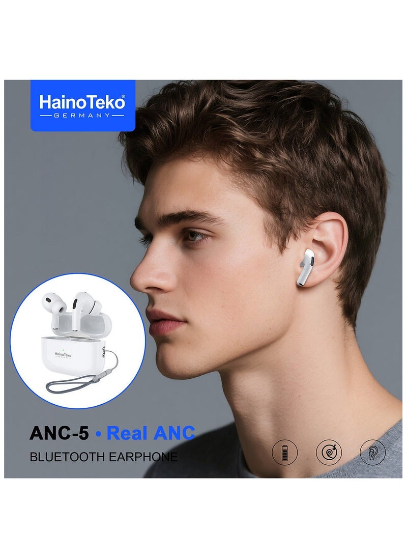 Haino Teko ANC-5 Bluetooth Earphone with Real Active Noise Cancellation High Quality Sound Smart Touch Controls and HD Clear Microphone Compatible With Android Mobiles and Tablets White