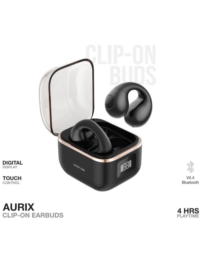 Aurix Clip on Earbuds / Truewireless Headphones / Dual-Mic Calls / Sweat Proof for Working Out & Gym / Non Slip Design/ Perfect for Long Hours Use / Ergonomic Durable True Wireless Earbuds - Black