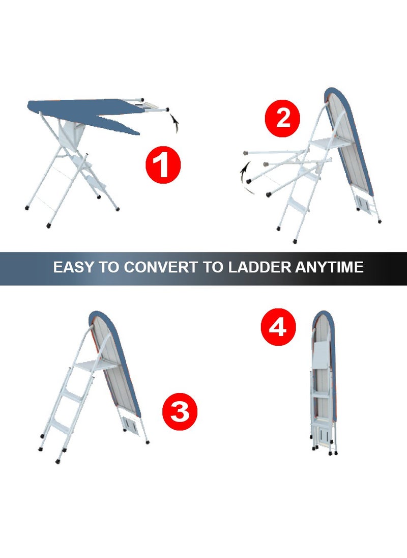ATHENACREATIONS MultiPurpose 2in1 Ironing Board with Ladder Convertible Iron Table for Ironing Clothes MultiUse Three Step Ladder Fully Foldable