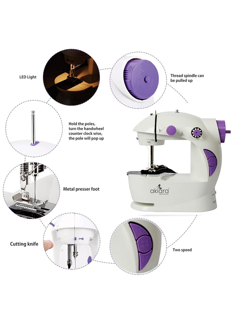 Akiara Makes life easy Mini Sewing Machine with Table Set Tailoring Machine Hand Sewing Machine with extension table foot pedal adapter White