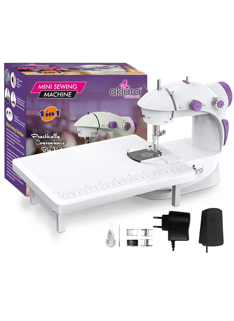 Akiara Makes life easy Mini Sewing Machine with Table Set Tailoring Machine Hand Sewing Machine with extension table foot pedal adapter White