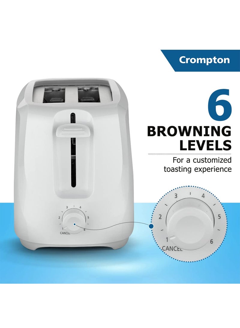 Crompton SunBrown Classic Popup Toaster 700W with Removable Crumb Tray 6 Browning Levels with Cancel Function Dust Cover Plate White Cool Touch Body