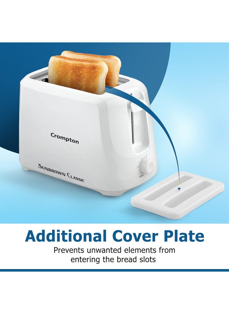 Crompton SunBrown Classic Popup Toaster 700W with Removable Crumb Tray 6 Browning Levels with Cancel Function Dust Cover Plate White Cool Touch Body
