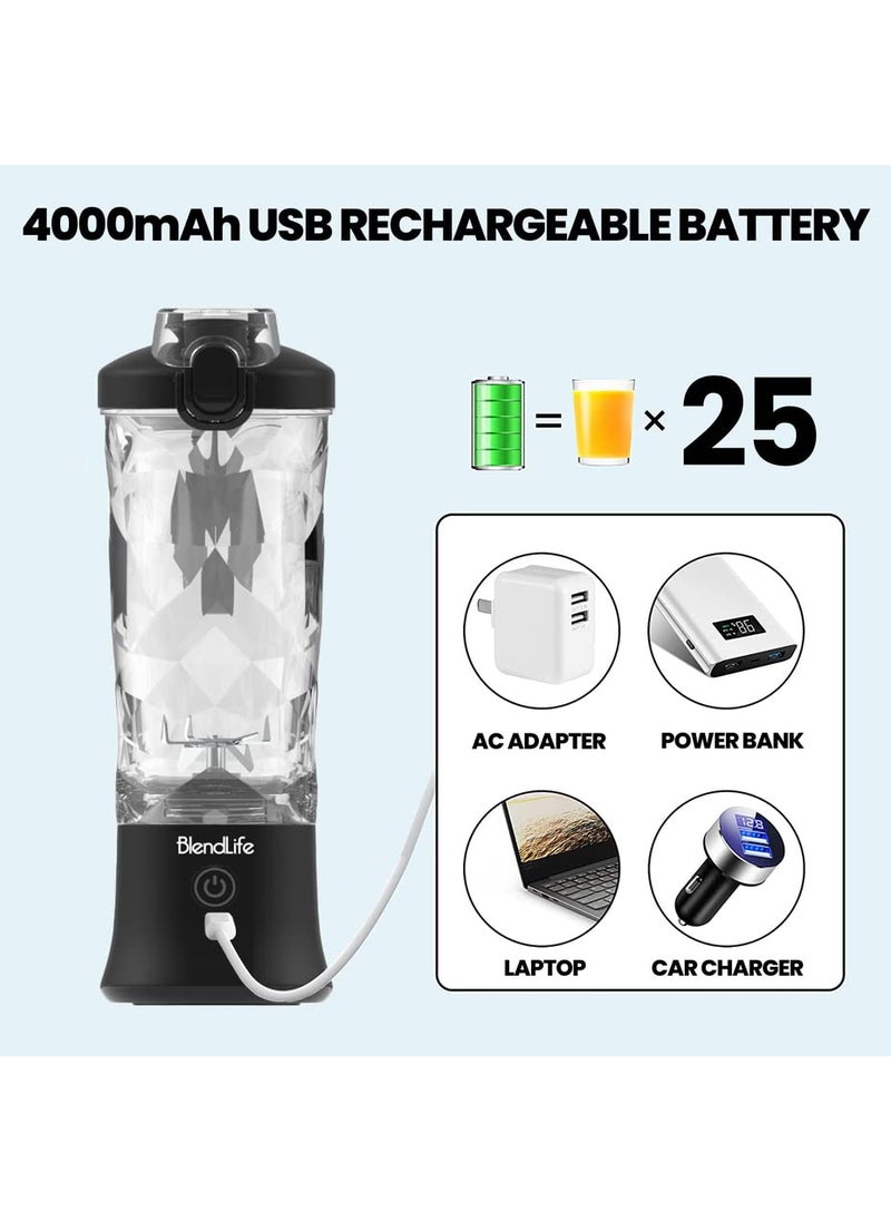 BlendLife Ultra Waterproof Portable Juicer Blender for Juices Shakes Smoothies Pulse Mode LED Lights 230W 4000mAh Battery Inbuilt Sipper Carry Handle 600ml Convertible Jar Black