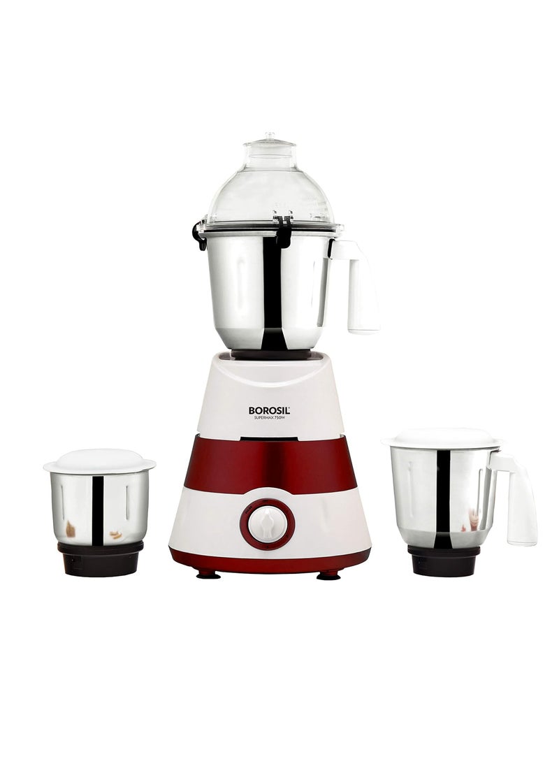 Borosil Supermax Mixer Grinder For WetDry Mixing Grinding 750 Watts 3 Stainless Steel Jars15 L Blending Jar 1 L DryWet Grinder 400 ml Chutney Jar Mixie For Kitchen Red