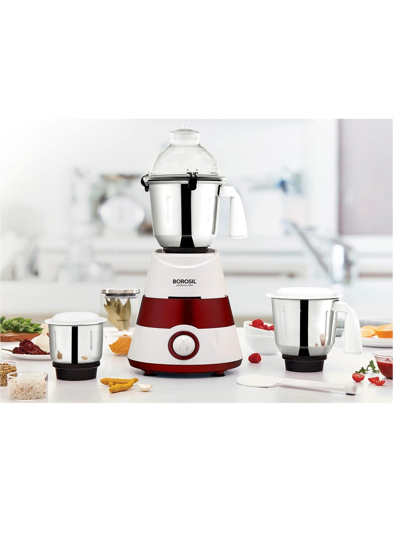 Borosil Supermax Mixer Grinder For WetDry Mixing Grinding 750 Watts 3 Stainless Steel Jars15 L Blending Jar 1 L DryWet Grinder 400 ml Chutney Jar Mixie For Kitchen Red