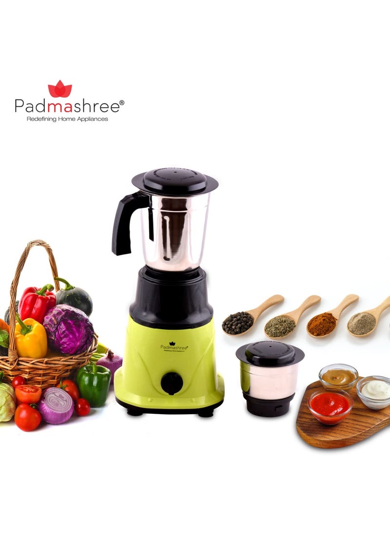 Padmashree Smart 550Watt Mixer Grinder 230 Volts Mixer with 2 Stainless Steel Jars with Leakproof Lid ABS Body 3 Speed MotorGreen