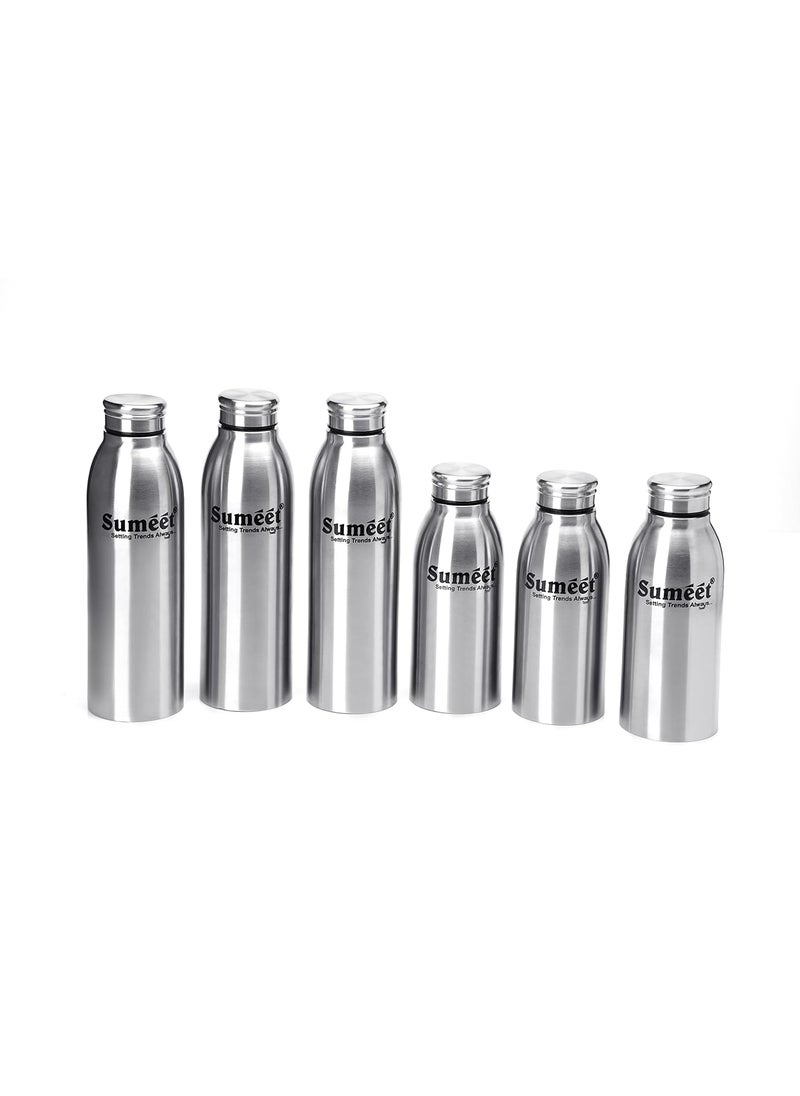 Sumeet Sleek Stainless Steel Leak-Proof Water Bottle/Fridge Bottle Set 750ml and 550ml - Pack of 6