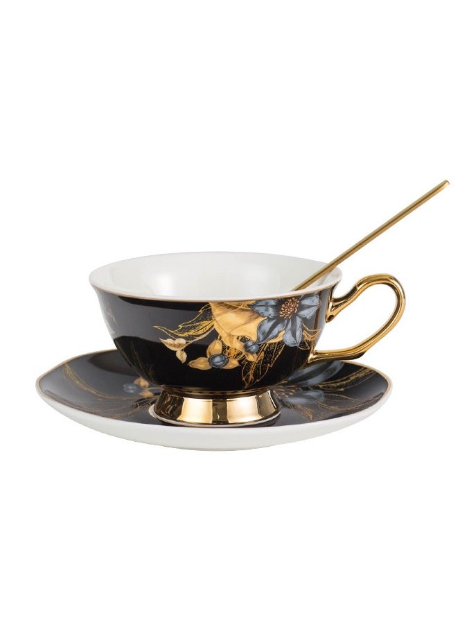 Luxury European Ceramic Coffee Cup  Saucer Set with Spoon – 240ML Elegant Gold-Trimmed Tea/Coffee Gift Box, Premium Heat-Resistant Porcelain for Afternoon Tea, Bridal  Housewarming Gifts-Black ﻿