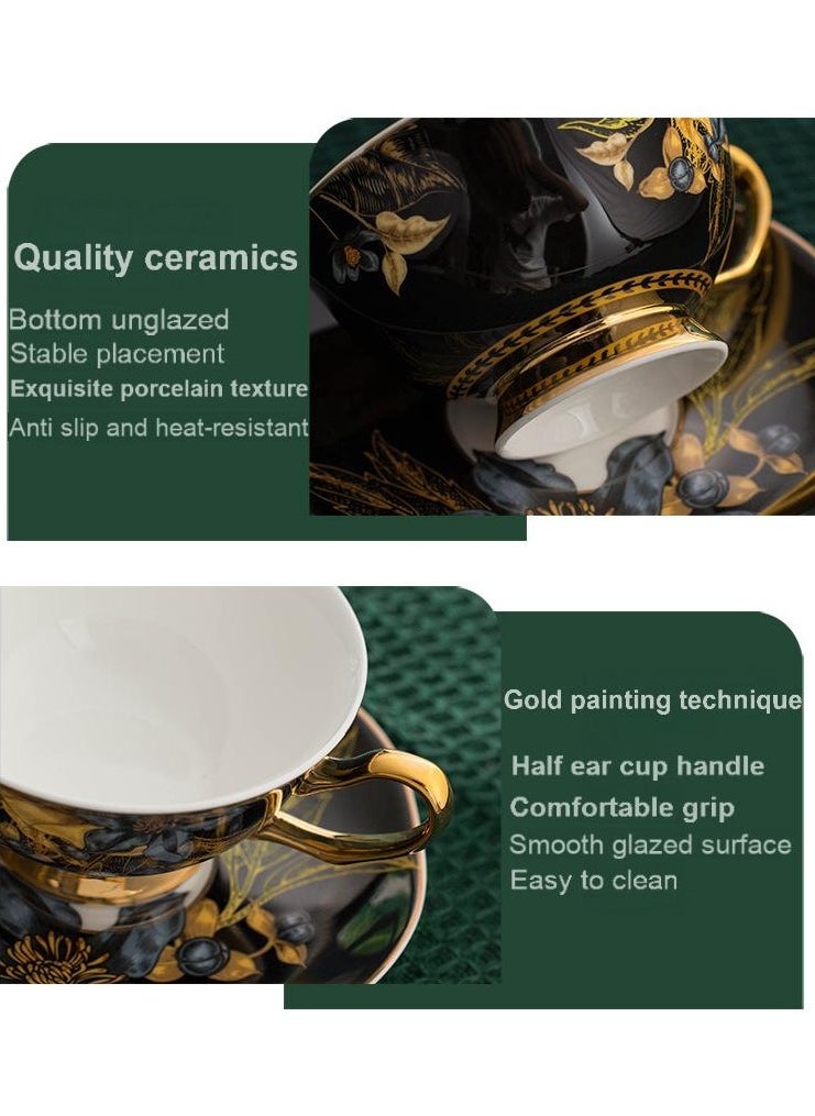 Luxury European Ceramic Coffee Cup  Saucer Set with Spoon – 240ML Elegant Gold-Trimmed Tea/Coffee Gift Box, Premium Heat-Resistant Porcelain for Afternoon Tea, Bridal  Housewarming Gifts-Black ﻿