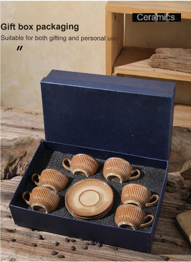 Vintage Elegance Espresso Cups Set - 6 Ceramic Coffee Cups  Saucers, Retro Café Style, Gift Boxed, High-Fired Porcelain, Dishwasher Safe - European Inspired Coffee ware Collection-Brown