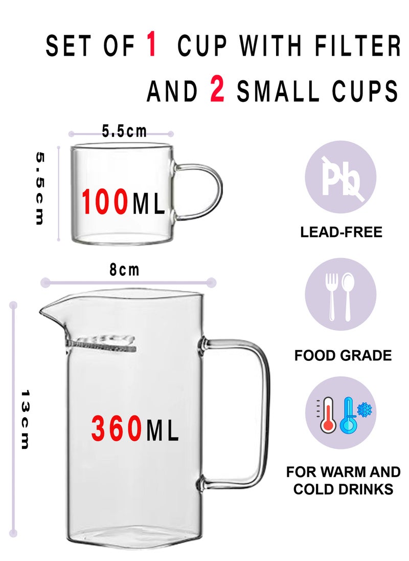3-Piece Transparent High Borosilicate Glass Coffee Set – 360Ml Filter Pitcher & 2×100Ml Cups For Coffee Brewing, Serving & Daily Use