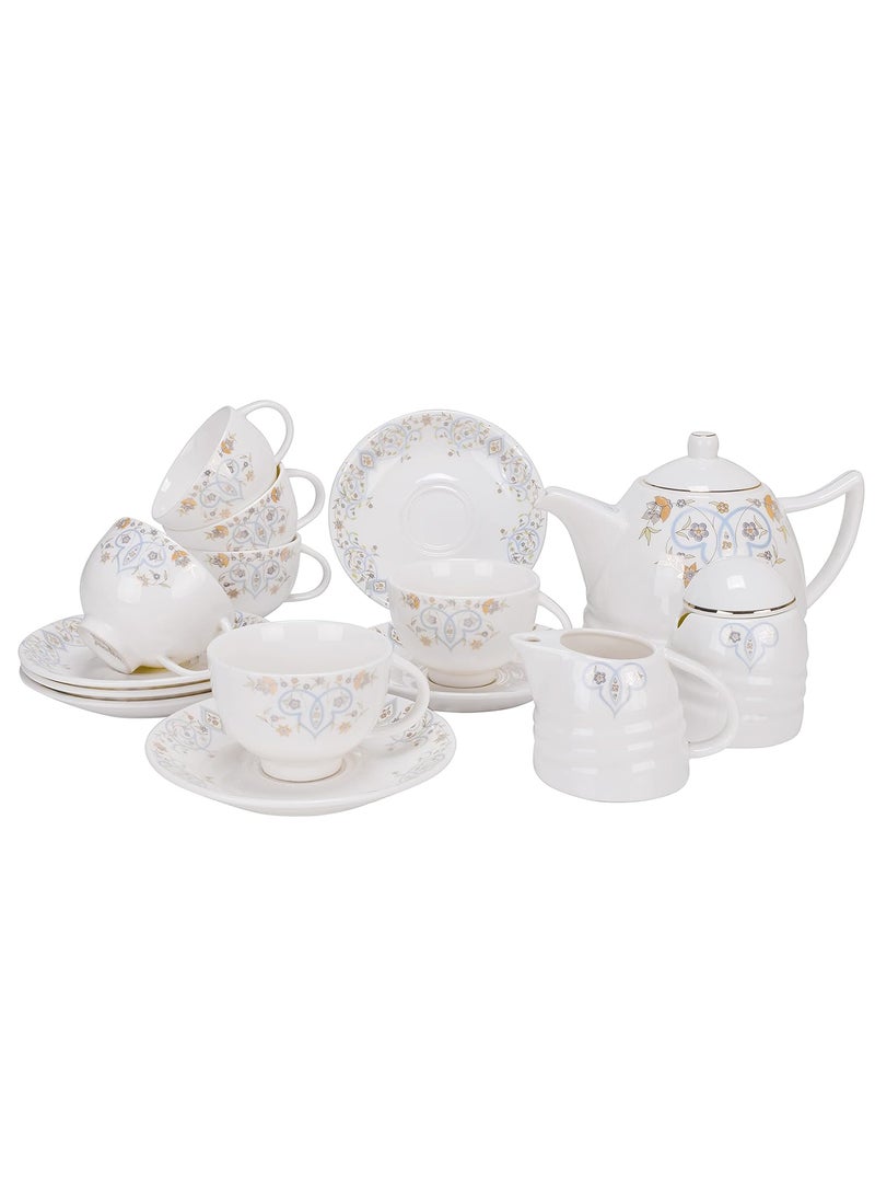 Deco Pride Tea Saucers Complete Table Set of 6 Cups 6 Saucers 1 Kettle 1 Sugar Pot 2 Lids and 1 Milk Pot Set of 17 Pcs