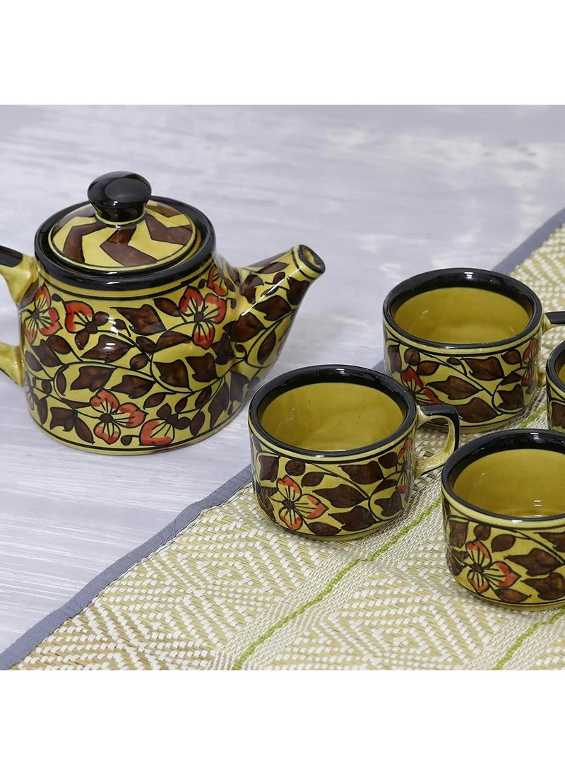 Master Piece Crafts Ceramic Tea Set Teapot Floral Printed No Strainer Serve Herbal Tea or Milk in Kettle Beige and Brown