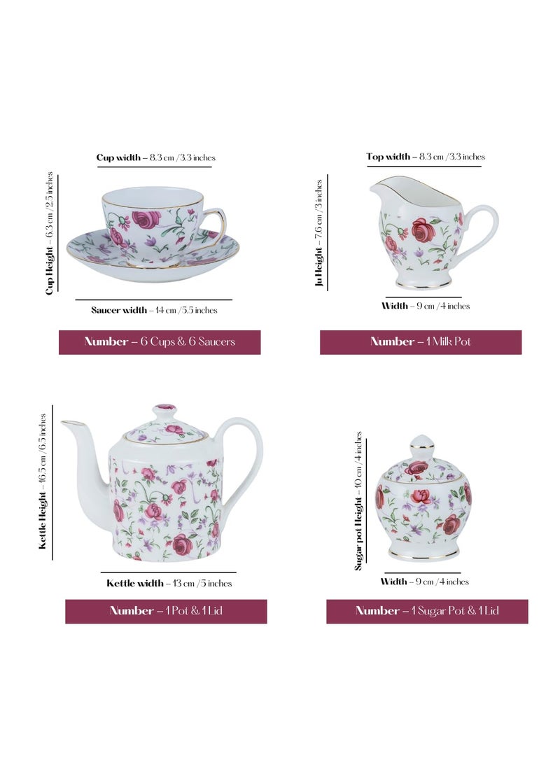 GOLDEN QUEENS Tea Service Set for Hosting 15 Piecs 6 Cups 6 Saucers 1 Tea Kettle 1 Milk Pot 1 Sugar Pot24 Carat Detailing Button Rose 170 ml
