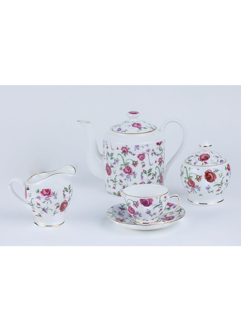 GOLDEN QUEENS Tea Service Set for Hosting 15 Piecs 6 Cups 6 Saucers 1 Tea Kettle 1 Milk Pot 1 Sugar Pot24 Carat Detailing Button Rose 170 ml