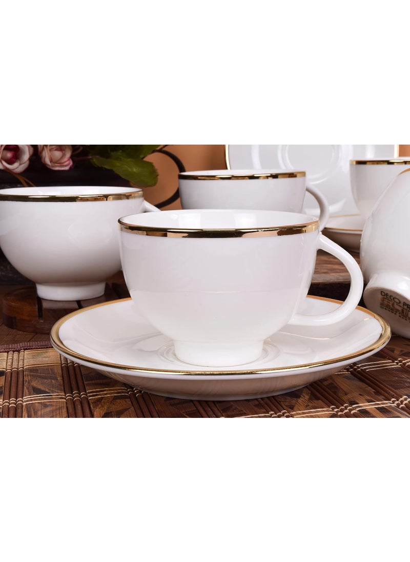 Deco Pride Elegant Design 6 Cup 6 Saucer Set White Cups and Saucer with Golden Band Design Pack of 12
